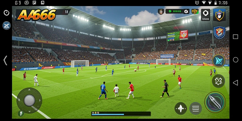 Tangkapan layar gameplay AA666 yang menampilkan aksi seru di lapangan sepak bola.