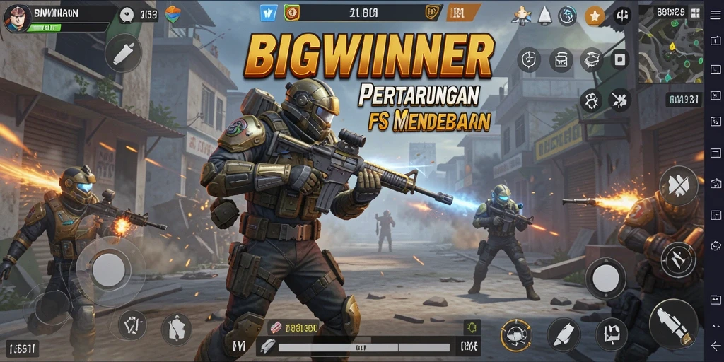 Tangkapan layar gameplay BIGWINNER menampilkan aksi tembak-menembak yang realistis.