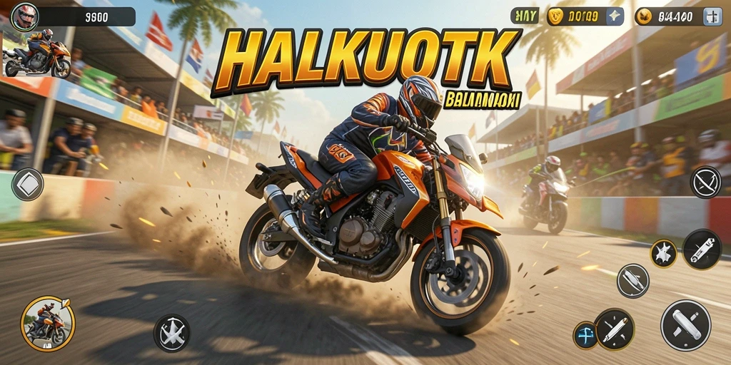 Screenshot gameplay HALKUOTK menampilkan balapan motor yang menegangkan.