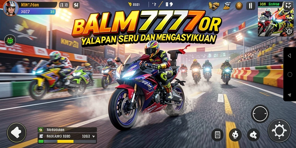 Screenshot KM777 menunjukkan aksi balapan motor yang cepat dan mendebarkan.