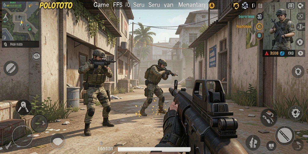 Screenshot gameplay POLOTOTO yang menampilkan aksi menegangkan dalam pertempuran FPS.