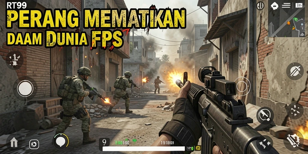 Tangkapan layar gameplay RT99 yang mendebarkan dalam pertempuran FPS.